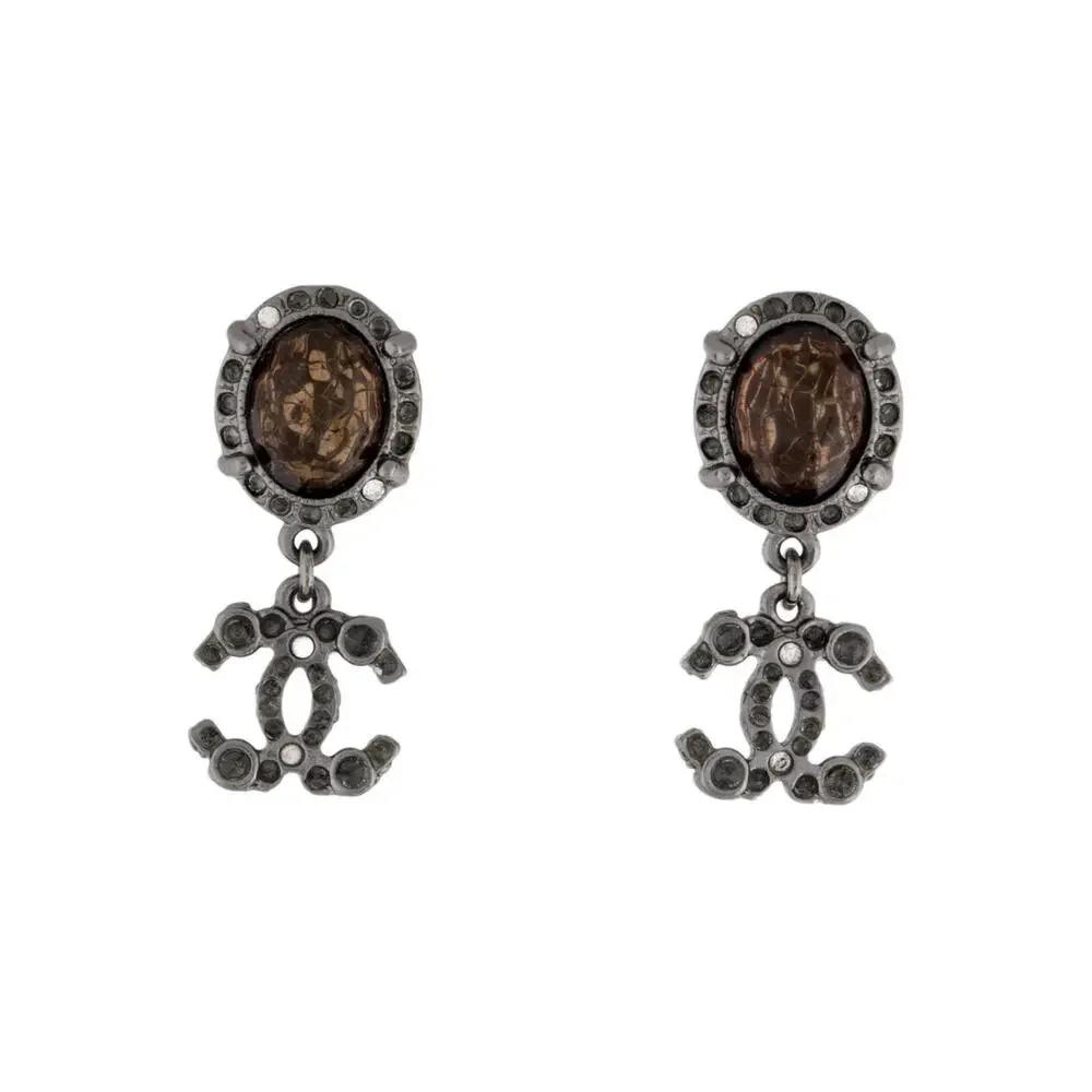 Chanel Resin Strass Silver-tone Interlocking CC Clip On Drop Earrings